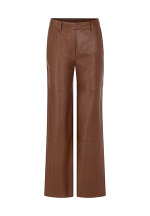 Brown leather wide-leg pants featuring a smooth texture, a mid-rise waistband, and visible seam detailing for a structured silhouette.