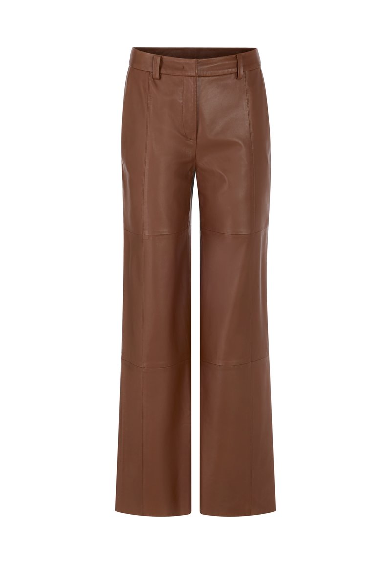 Brown leather wide-leg pants featuring a smooth texture, a mid-rise waistband, and visible seam detailing for a structured silhouette.