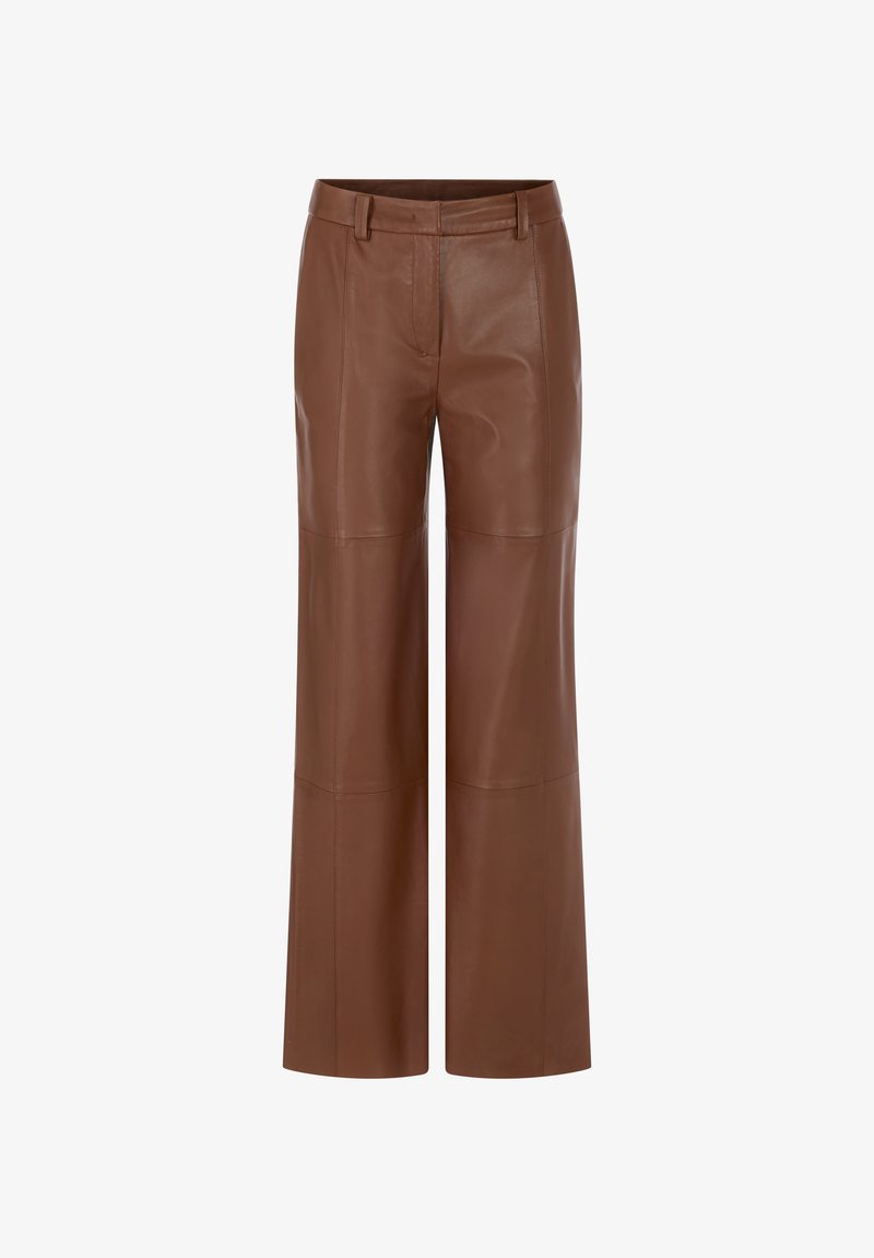 Brown leather wide-leg pants featuring a smooth texture, a mid-rise waistband, and visible seam detailing for a structured silhouette.