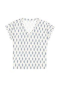 Kurzärmliges V-Ausschnitt-Shirt aus leichtem Stoff mit weißem Hintergrund und blauen abstrakten Mustern sowie einem entspannten Schnitt.