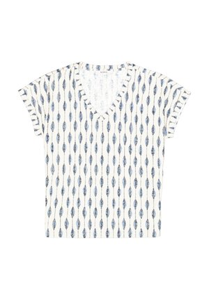 Camisa de manga corta con escote en V en tejido ligero, con un fondo blanco y patrones abstractos azules, y un corte relajado.