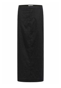 Fustă lungă neagră dintr-un material texturat, având o siluetă dreaptă, talie medie și un design minimalist fără embellishments vizibile.