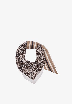 Foulard quadrato con stampa leopardata e strisce beige, bianche e nere, piegato e legato morbido.