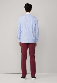 Camisa de botones de rayas azul claro para hombre con mangas largas, combinada con pantalones burdeos y zapatos oscuros, vista desde atrás.