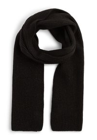 Black ribbed scarf with a soft texture and subtle metallic threads woven throughout, featuring a long, rectangular shape for versatile styling.