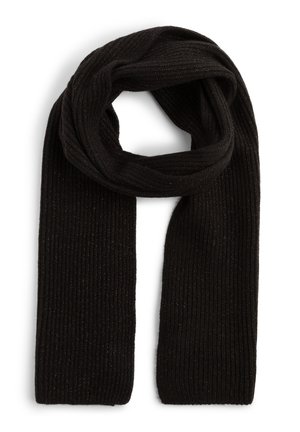 Black ribbed scarf with a soft texture and subtle metallic threads woven throughout, featuring a long, rectangular shape for versatile styling.