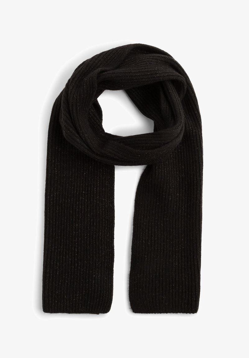 Black ribbed scarf with a soft texture and subtle metallic threads woven throughout, featuring a long, rectangular shape for versatile styling.