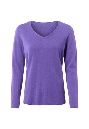 V-neck long-sleeve top in solid purple, made of soft knit fabric with a smooth texture. Features a fitted silhouette and ribbed cuffs.