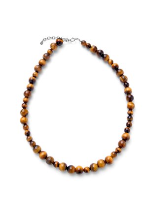 Necklace with polished round tiger's eye beads in varying sizes, fastened with a silver chain clasp on a white background.