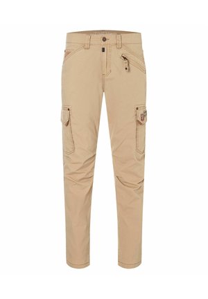 Beige Cargohose mit zwei Klapptaschen an den Oberschenkeln, einer Reißverschlusstasche in Taillennähe, Gürtelschlaufen und Knopfverschluss.