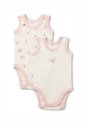 Deux bodies pour bébé avec des bordures roses. L'un présente un motif de koala, l'autre a un design de visage de koala. Tissu en coton doux, sans manches.