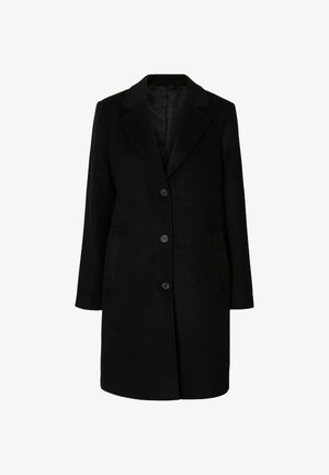 Crni kaput s ovratnikom, zatvaranjem na pet dugmadi, dva bočna džepa i ravnim siluetom. Izrađen od mekanog teksturiranog materijala.