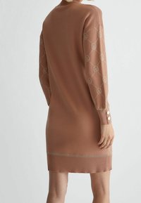 Robe en tricot rose poudré avec manches longues à motifs, ourlet côtelé et trois boutons au poignet. Texture lisse avec des accents.