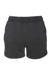 Shorts en coton gris avec une taille élastique, présentant une texture lisse et un design simple, des jambes ourlées et sans poches visibles.