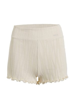 Bomullshorts i off-white med teksturerte vertikale linjer, bølget kant, og en glatt livlinje med en liten logo-akkent.