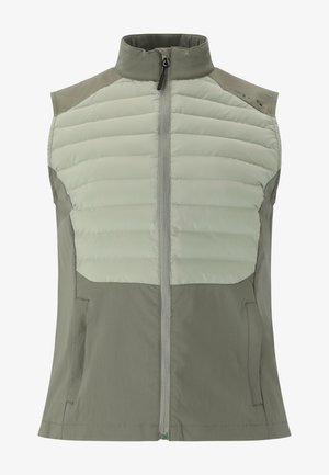 Liivi ilman hihoja vaaleanharmaana ja oliivinvihreänä, jossa on palstattu etuosa, sileä kangas, edessä vetoketju ja kaksi sivutaskua.