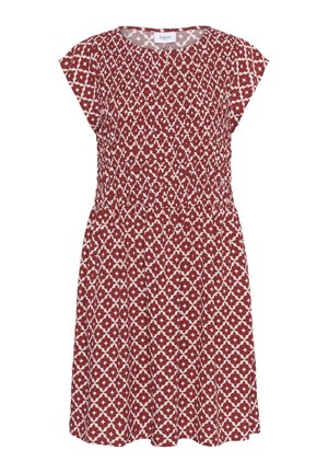 Rochie cu model roșu și alb, cu mâneci scurte, talie elastică și croială lejeră. Prezintă un design geometric și lungime până la genunchi.