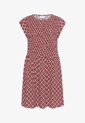 Piros és fehér mintás ruha rövid ujjakkal, smocked derékkal és laza fit. Geometriai mintázattal és térd alá érő szegéllyel rendelkezik.