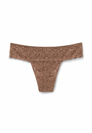 Lace string in gedempt bruin. Bevat bloemen- en geometrische patronen met golvende randen. Lichtgewicht en doorschijnende textuur.