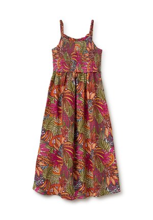 Ärmelloses, knöchellanges Kleid mit gerafftem Oberteil und buntem tropischem Blatt- und Blumenmuster in Rosa-, Orange-, Grün- und Brauntönen.