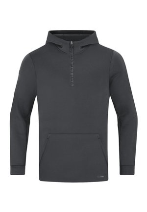 Felpa grigia con cappuccio e mezza zip, tasca frontale a marsupio, texture morbida e branding minimale sulla zip e sull'orlo.