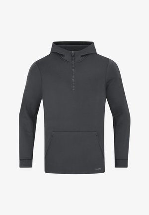 Felpa grigia con cappuccio e mezza zip, tasca frontale a marsupio, texture morbida e branding minimale sulla zip e sull'orlo.