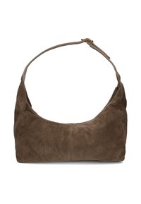Bruine suède schoudertas met een gebogen vorm en brede schouderband. Voorzien van een ritssluiting en een soepele textuur, ideaal voor casual gebruik.