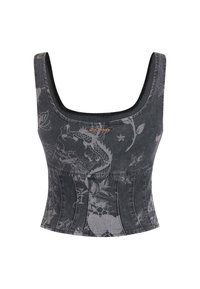Sort denim korsett top med blomster- og drage-mønstre, scoop neckline, ærmeløs design og tætsiddende silhuet.