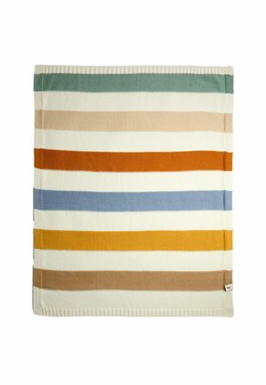 Rechteckige gestrickte Decke mit horizontalen Streifen in Grün, Beige, Rost, Blau, Gelb und Braun auf weißem Hintergrund.