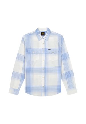 Srajca z dolgimi rokavi s potiskom modro-belega karo vzorca, dvema prsni žepoma z gumbi in ovratnikom.