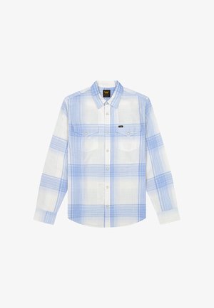 Camicia a maniche lunghe con bottoni, motivo a quadri blu e bianco, due tasche sul petto con bottoni e colletto.