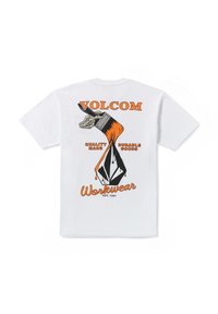 T-shirt en coton blanc avec un design graphique représentant un pinceau et de l'encre orange, marqué "VOLCOM" avec "Workwear" en dessous en écriture orange.