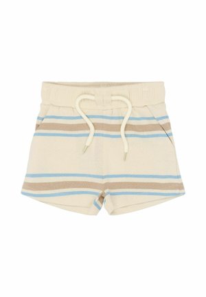 Pantalones cortos color crema con rayas horizontales azules y marrones, cintura elástica y cordón ajustable. Fabricados con un material textil suave.