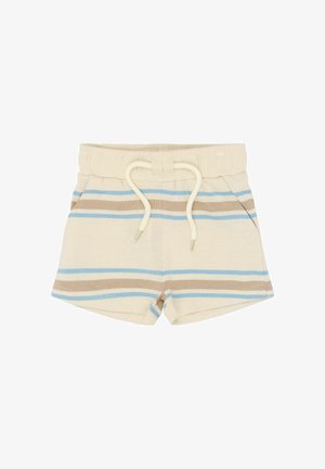 Kreemivärvilised lühikesed püksid, millel on horisontaalsed sinised ja pruunid triibud, elastne vöökoht ja nööriga pingutamine. Valmistatud pehmest tekstiilmaterjalist.