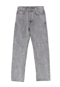 Vaqueros grises de mezclilla con un corte holgado, diseño de cinco bolsillos y un desgaste sutil. Incluyen cierre de botones y trabillas para cinturón en la cintura.