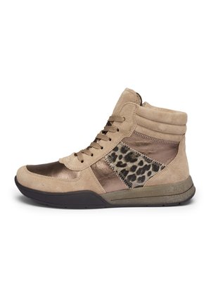 High-top sneaker in beige suede and bronze leather with leopard print side panel and black rubber sole.