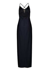 Svart maxiklänning med tunna korsande axelband, V-formad rygg och rak silhuett. Slät tyg med dragkedja i ryggen.