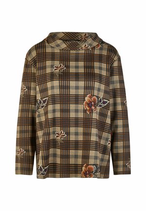 Langarm-Oberteil mit braun-beigem Karomuster und bestickten orangen und violetten Blumen, mit umgeschlagenem Kragen und lockerer Passform.