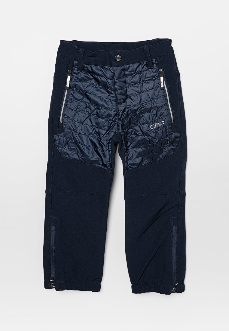 Navyblaue isolierte Outdoor-Hosen mit gestepptem Vorderteil, elastischem Bund, Reißverschlusstaschen und Knöchelreißverschlüssen für eine verstellbare Passform.