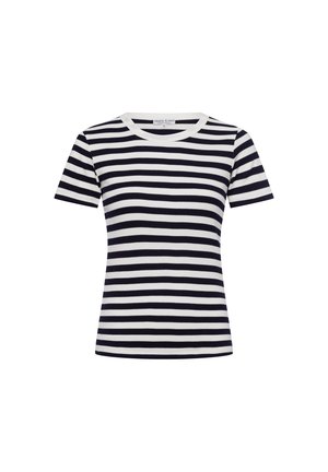 Marineblaues und weißes gestreiftes T-Shirt mit rundem Halsausschnitt und kurzen Ärmeln, aus weicher Baumwolle, mit gleichmäßigen horizontalen Streifen.