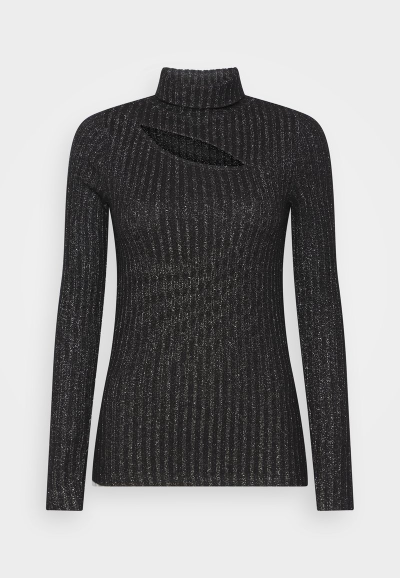 Black ribbed long-sleeve turtleneck sweater featuring a diagonal cutout detail and subtle metallic sheen throughout the fabric.