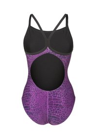 Heldragt med lilla og sort krokodillemønster, med rund udskæring på ryggen og tynde justerbare stropper.