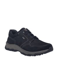 Scarpe in camoscio nero con superficie testurizzata, dotate di cuciture grigie, punta rotonda, design con lacci e suola in gomma resistente per una buona aderenza.