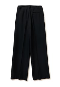 Black wide-leg trousers with a smooth texture, featuring a single back pocket and belt loops at the waist. Simple, tailored design.