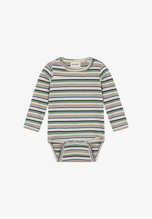 Body niemowlęcy z długim rękawem w niebieskie, zielone, beżowe i białe poziome paski, z zatrzaskami u dołu.