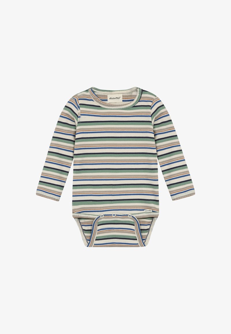Body bébé à manches longues avec rayures horizontales bleues, vertes, beige et blanches, et des boutons-pression au bas.
