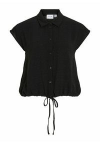 Črna kratka bluzica z gumbi spredaj, s koničastim ovratnikom, zategnjeno podobo in nastavljivim trakom. Narejena iz lahkega materiala s teksturirano površino.