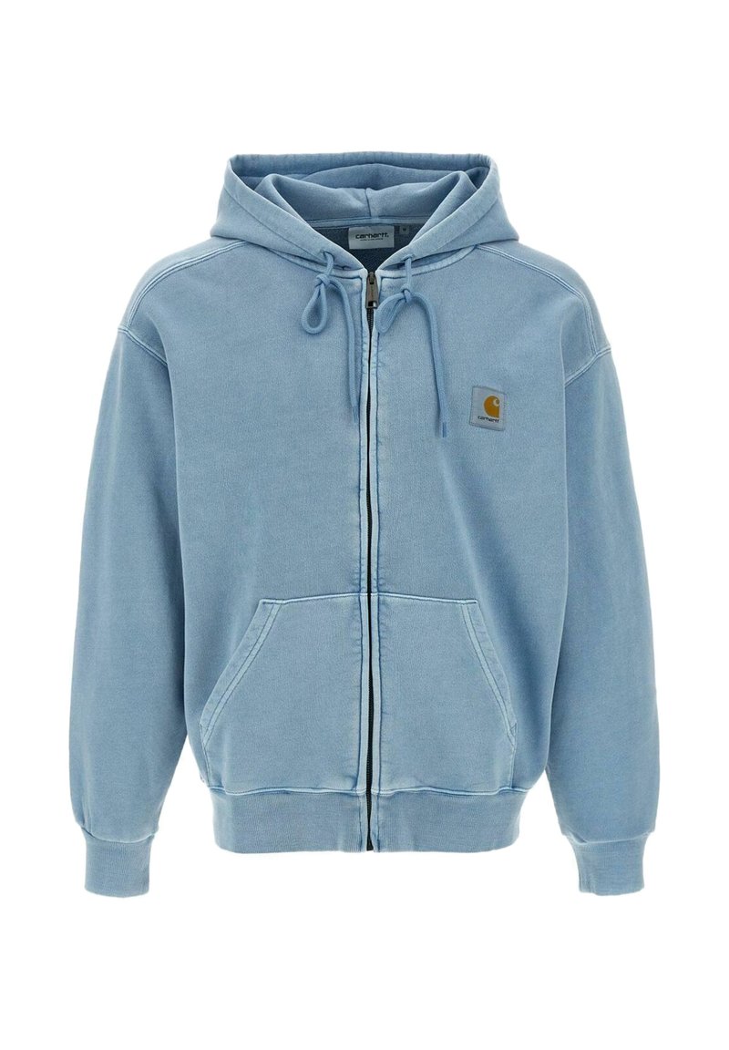 Sweat à capuche zippé bleu clair avec cordon de serrage, poches avant et petit logo Carhartt sur le côté gauche de la poitrine.