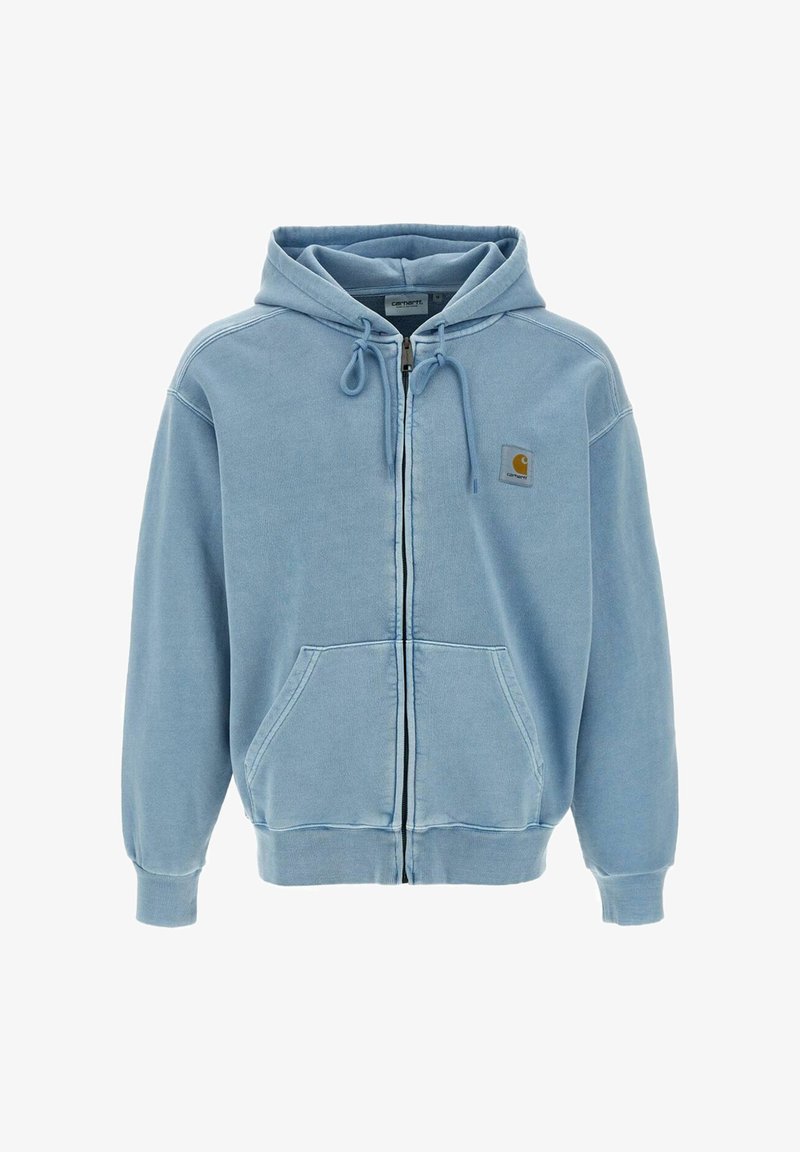 Light blue zip-up hoodie with drawstring hood, front pouch pockets, and small Carhartt logo on left chest.