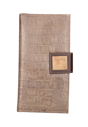 Leather wallet in textured grey with a brown accent. Features a rectangular shape and a stitched border with a branded patch.